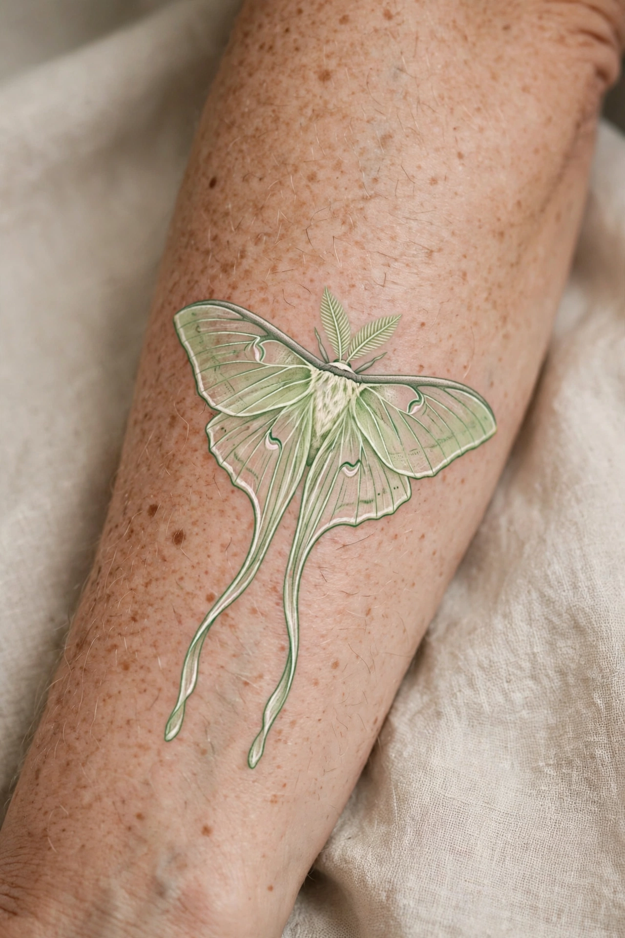 Pale green luna moth tattoo on a forearm
