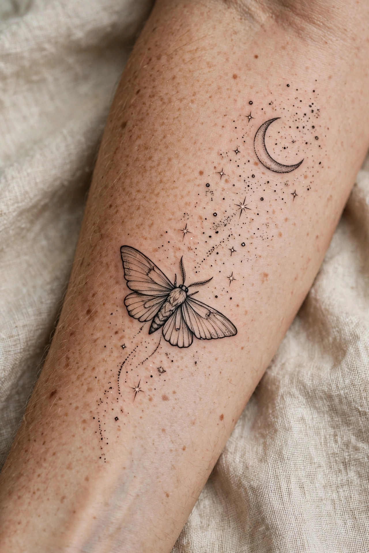 Moth tattoo flying toward a crescent moon with stars