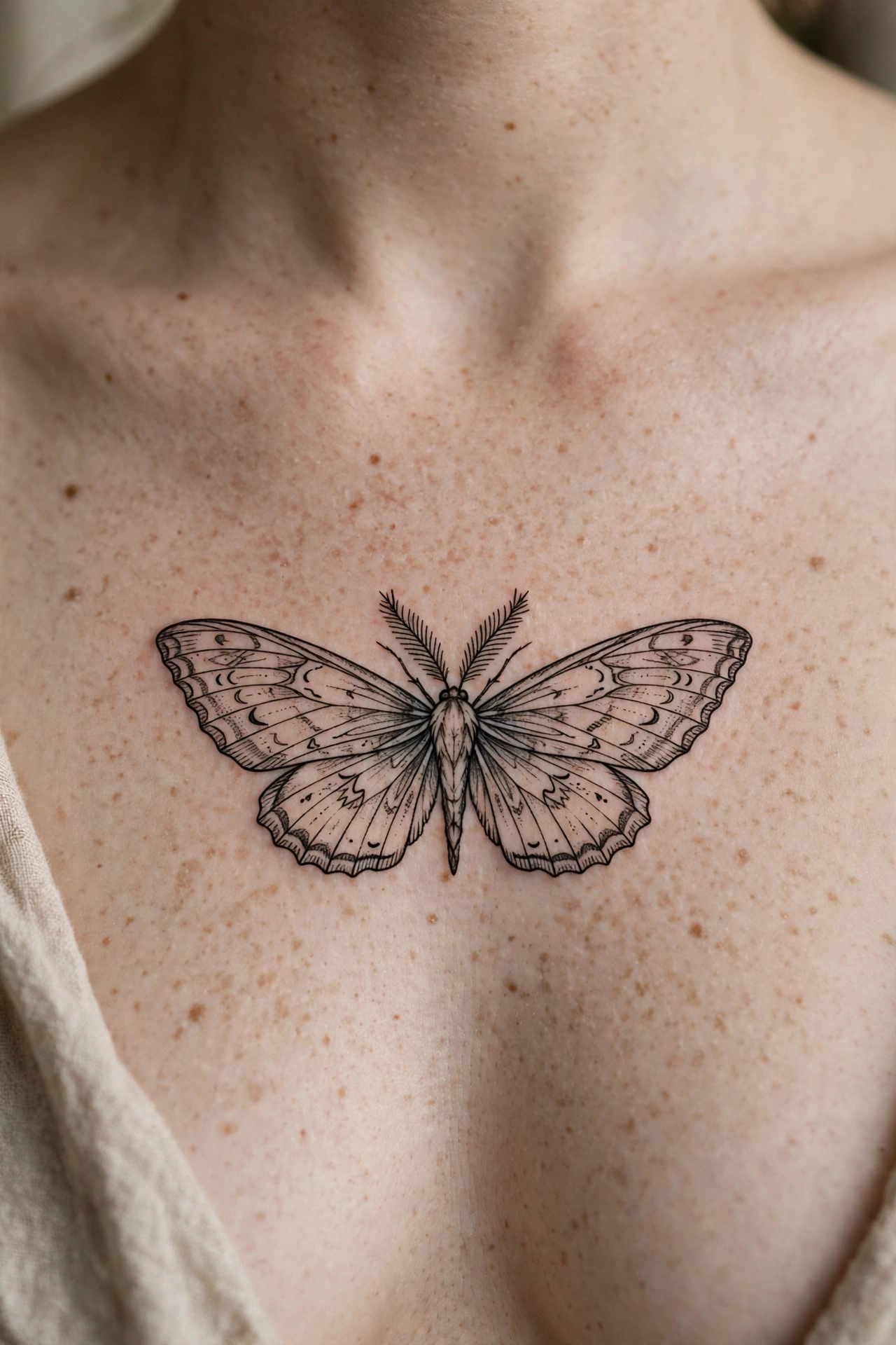 Symmetrical moth tattoo centred on the sternum