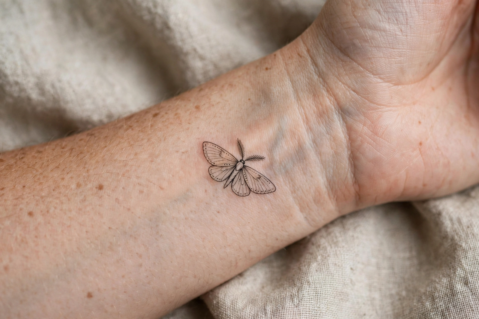 Small fine-line moth tattoo on an inner wrist
