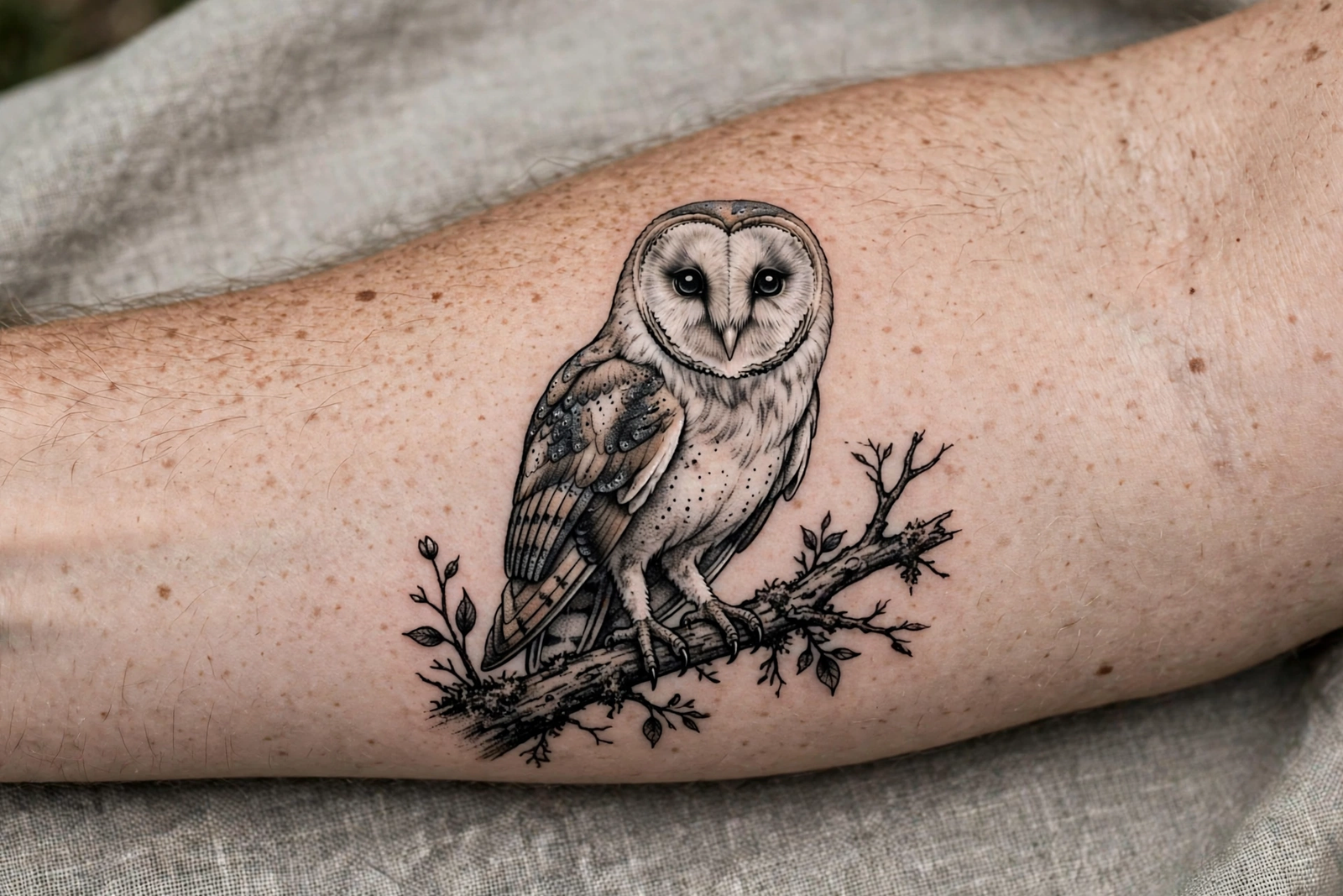 Barn owl tattoo with wide eyes perched on a branch on a forearm