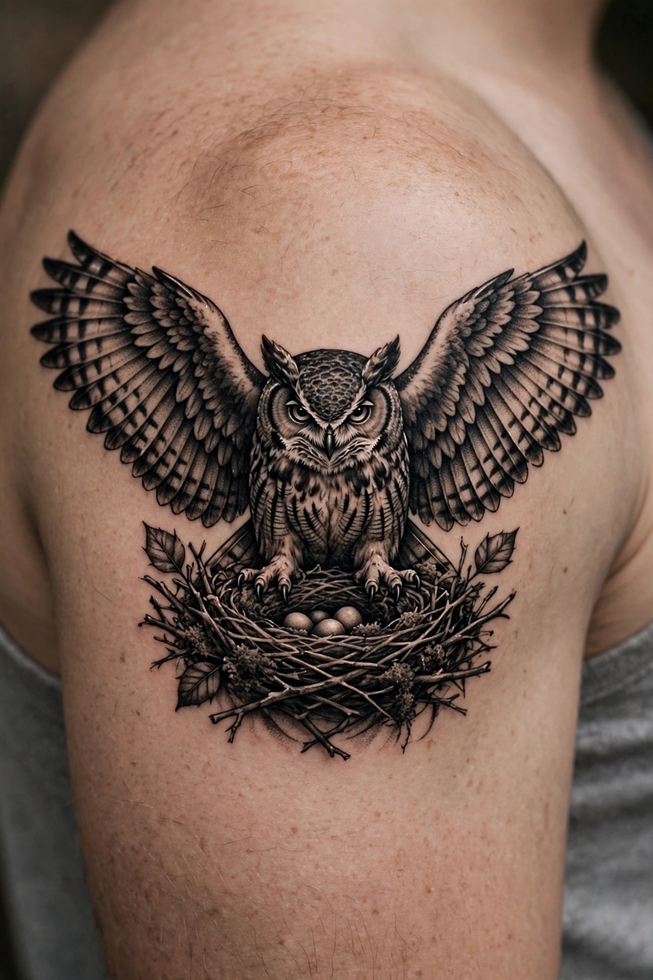 Owl with spread wings tattoo protecting a nest on a shoulder