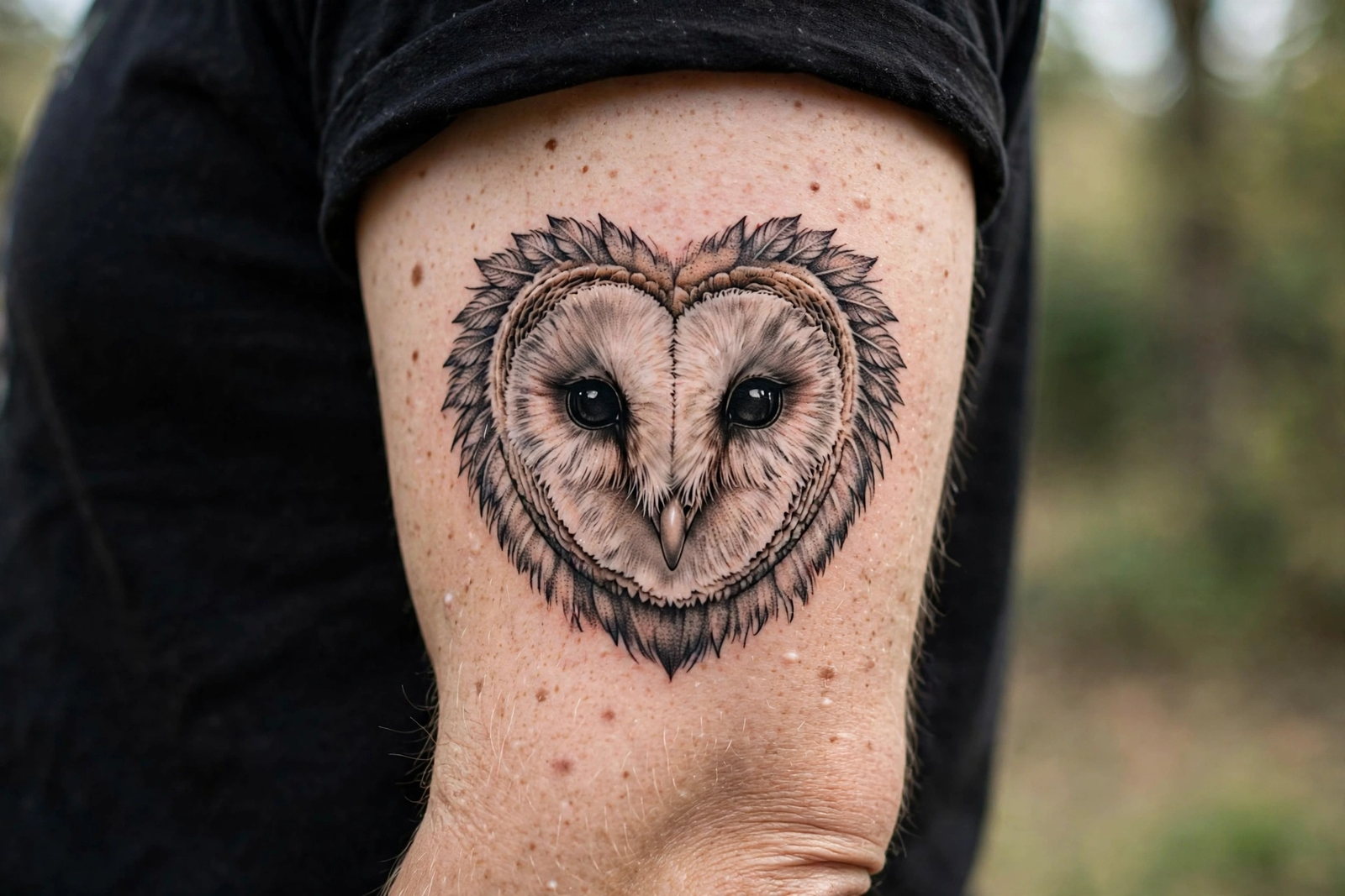 Realistic barn owl face tattoo with heart-shaped face on an upper arm