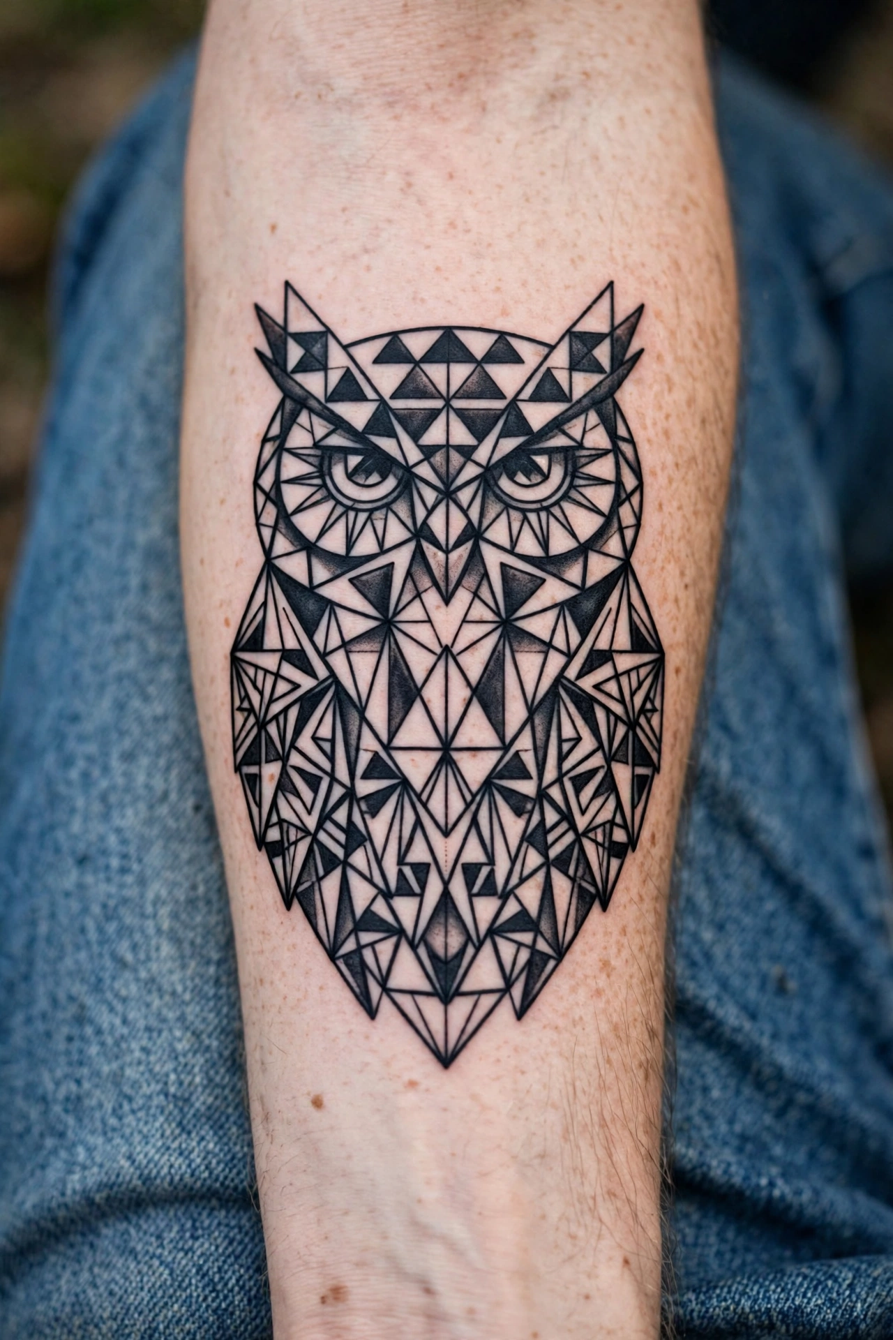Geometric owl tattoo with triangles and symmetry on a forearm