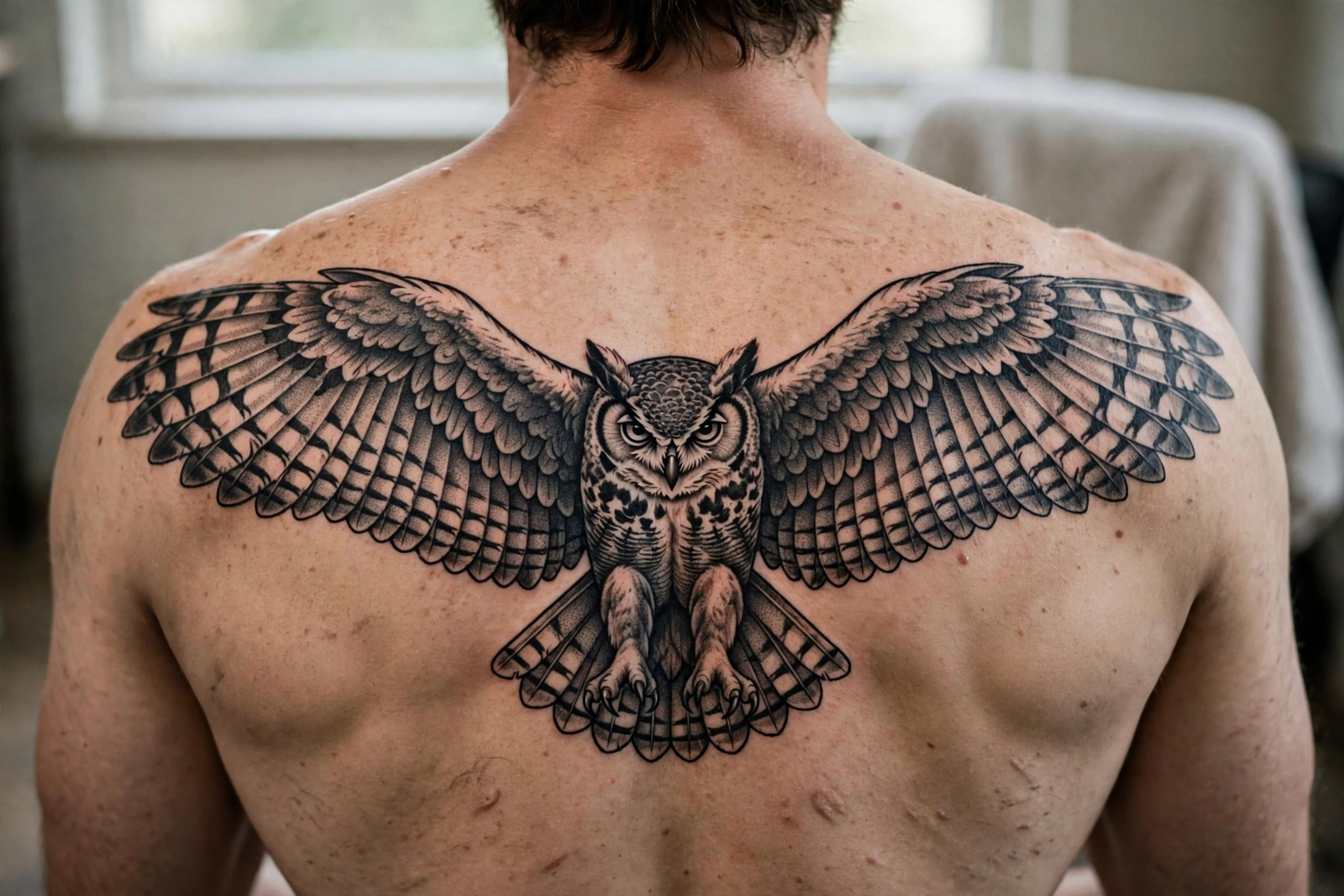 Owl in flight tattoo with spread wings across a back
