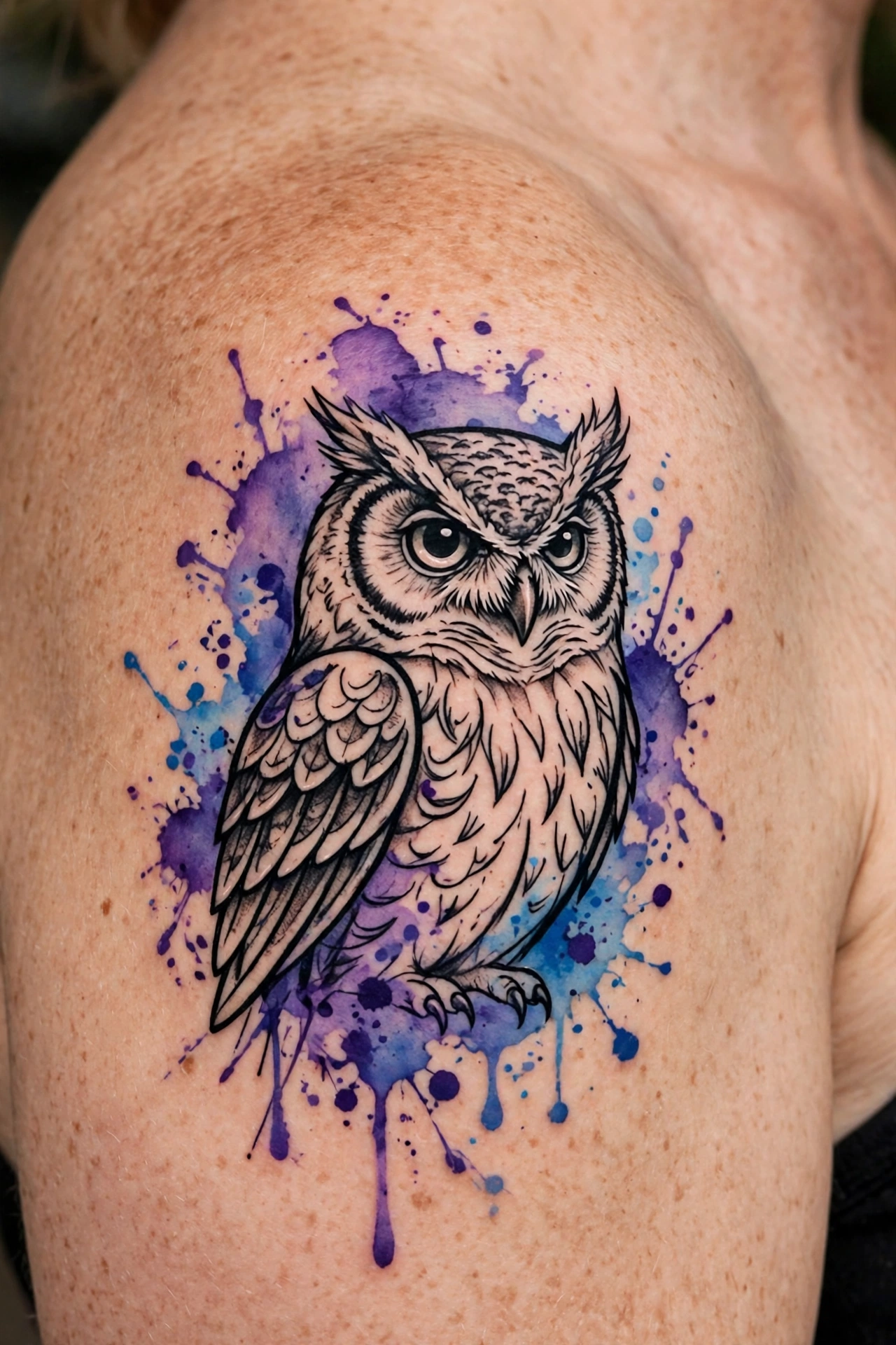 Watercolour owl tattoo with purple and blue splashes on a shoulder