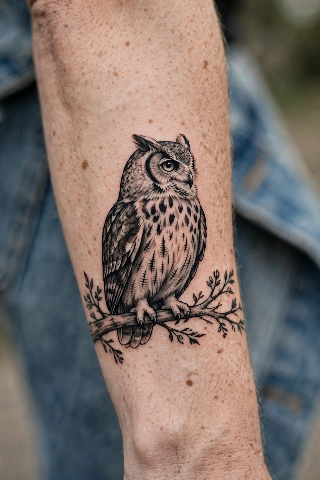 Owl perched on a branch tattoo on an inner forearm