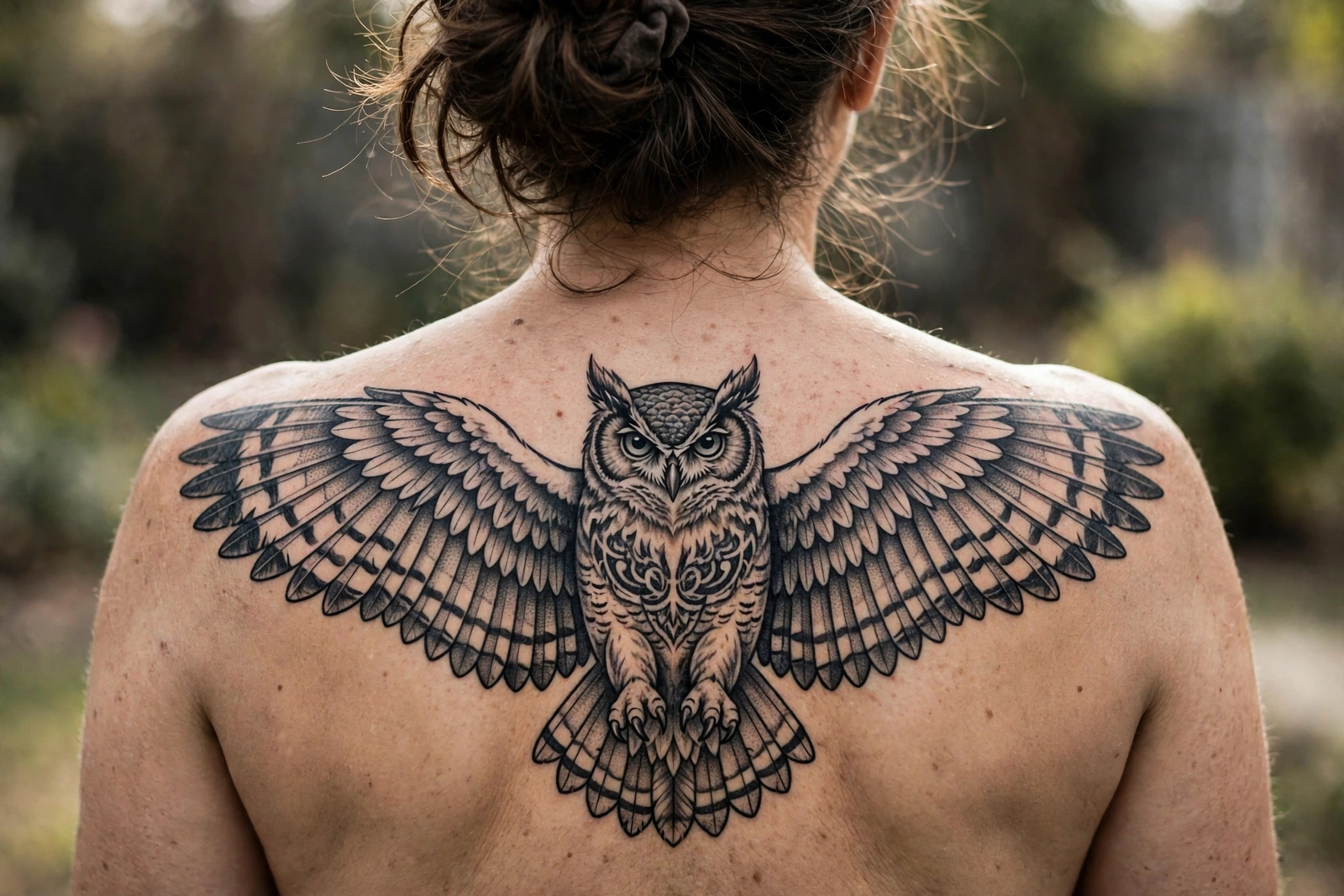 Large symmetrical owl tattoo with spread wings on an upper back
