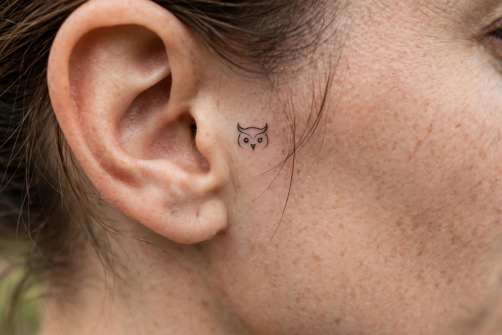 Small owl tattoo behind an ear