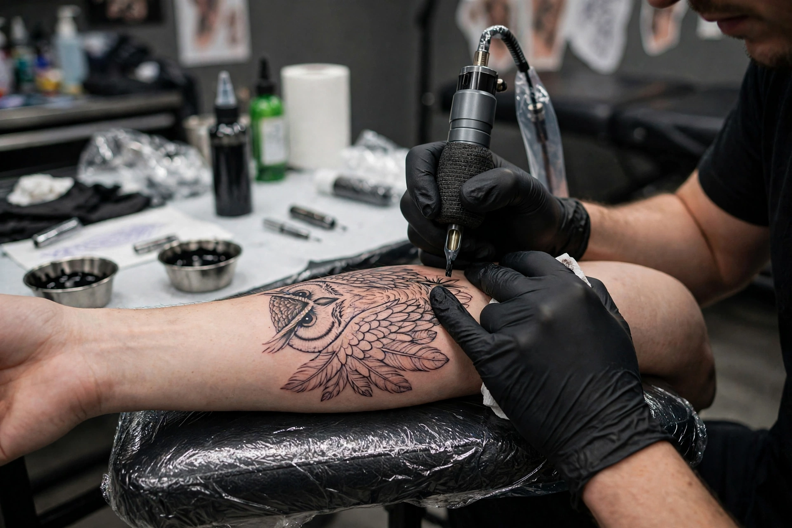 Tattoo artist working on feather detail of an owl tattoo