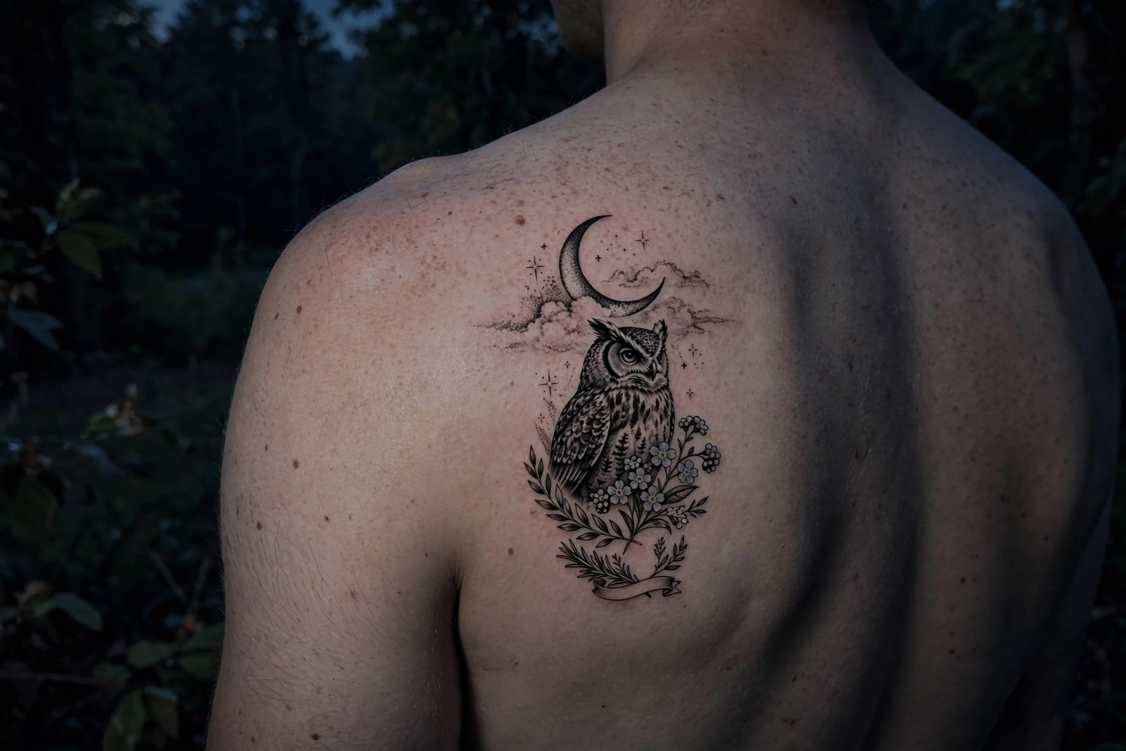 Owl under a crescent moon memorial tattoo on a shoulder blade