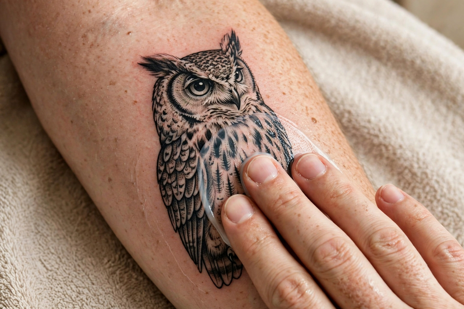 Fresh owl tattoo being moisturised during aftercare