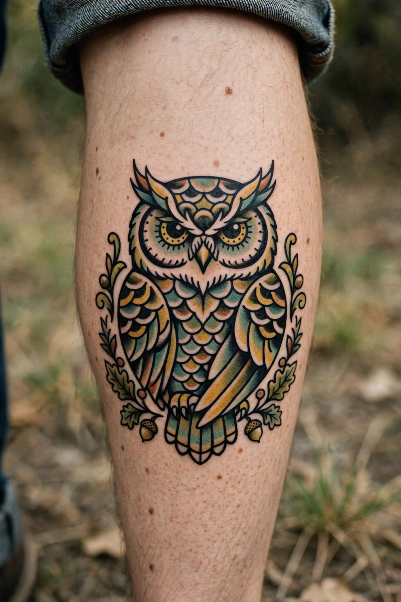 Traditional style owl tattoo with bold outlines on a calf
