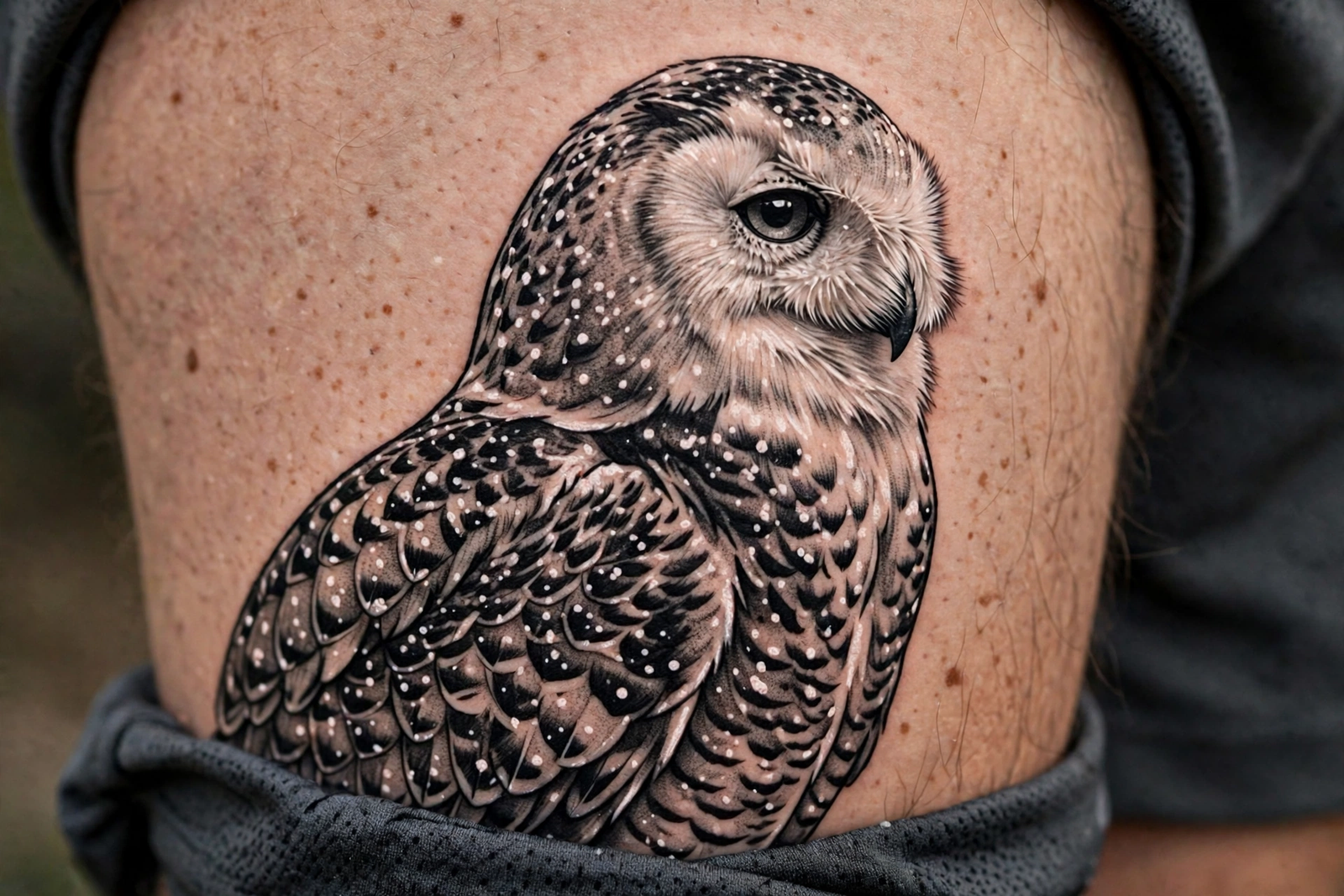 Snowy owl tattoo in black and grey with white highlights on a thigh