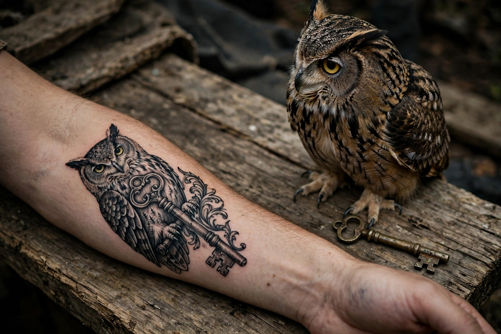 Owl with an old key tattoo design on an arm