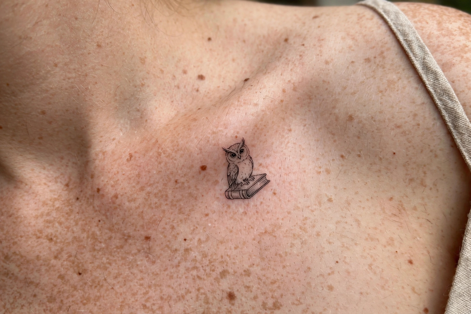 Little owl tattoo with a book on a collarbone