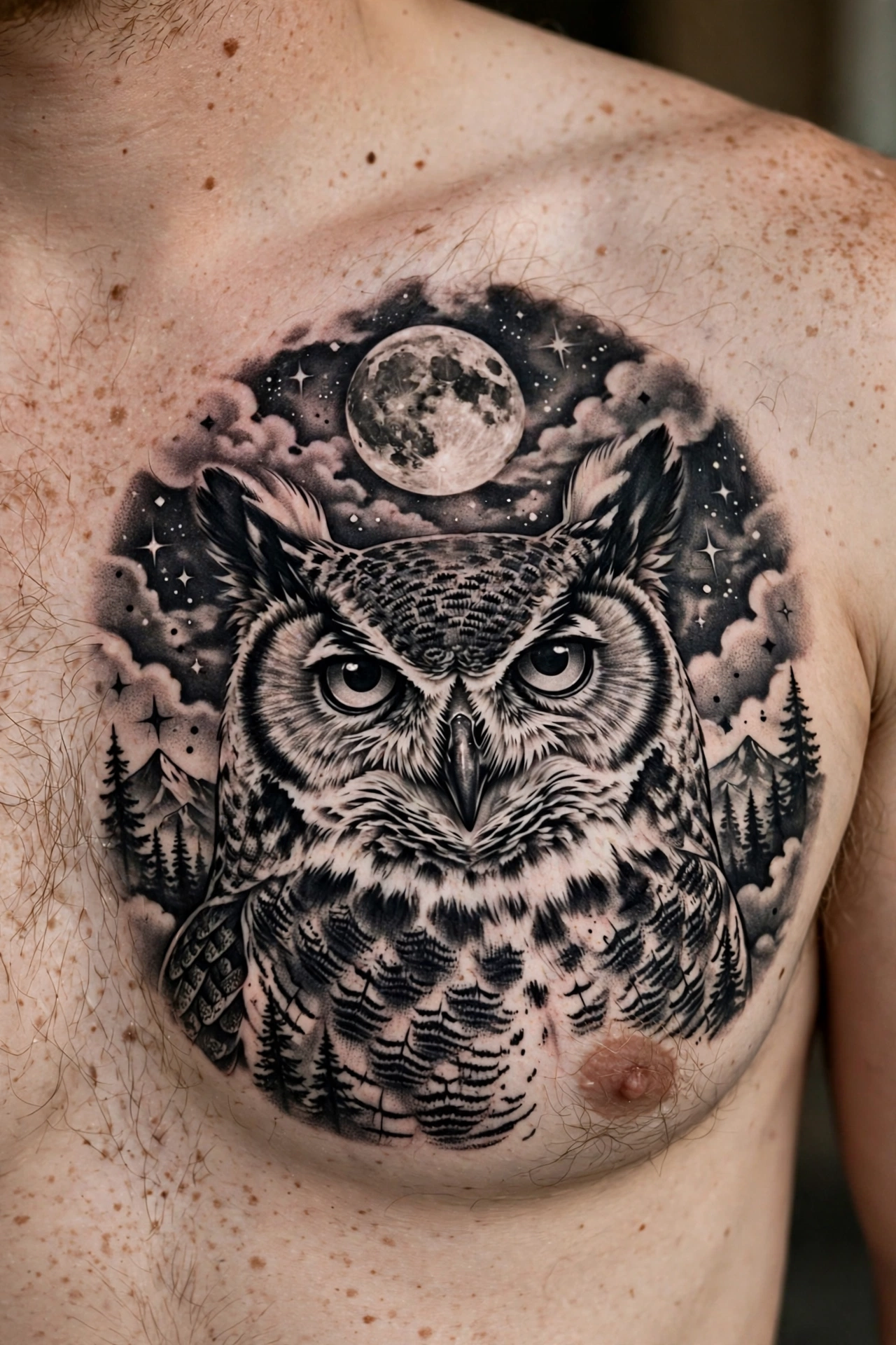 Great horned owl tattoo under a full moon on a chest