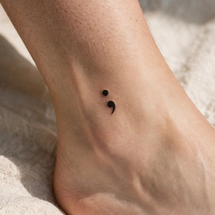 Small semicolon tattoo on an ankle