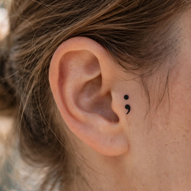 Tiny semicolon tattoo behind the ear