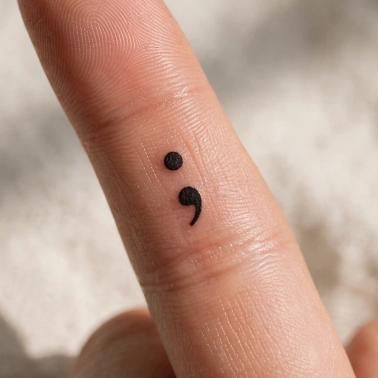 Semicolon tattoo on the side of a finger