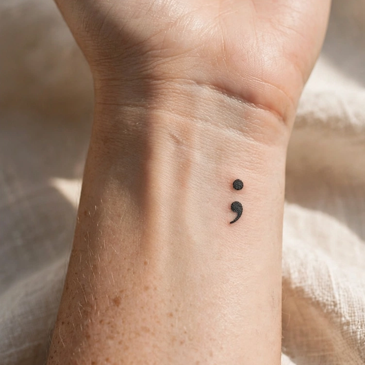 Small semicolon tattoo on an inner wrist