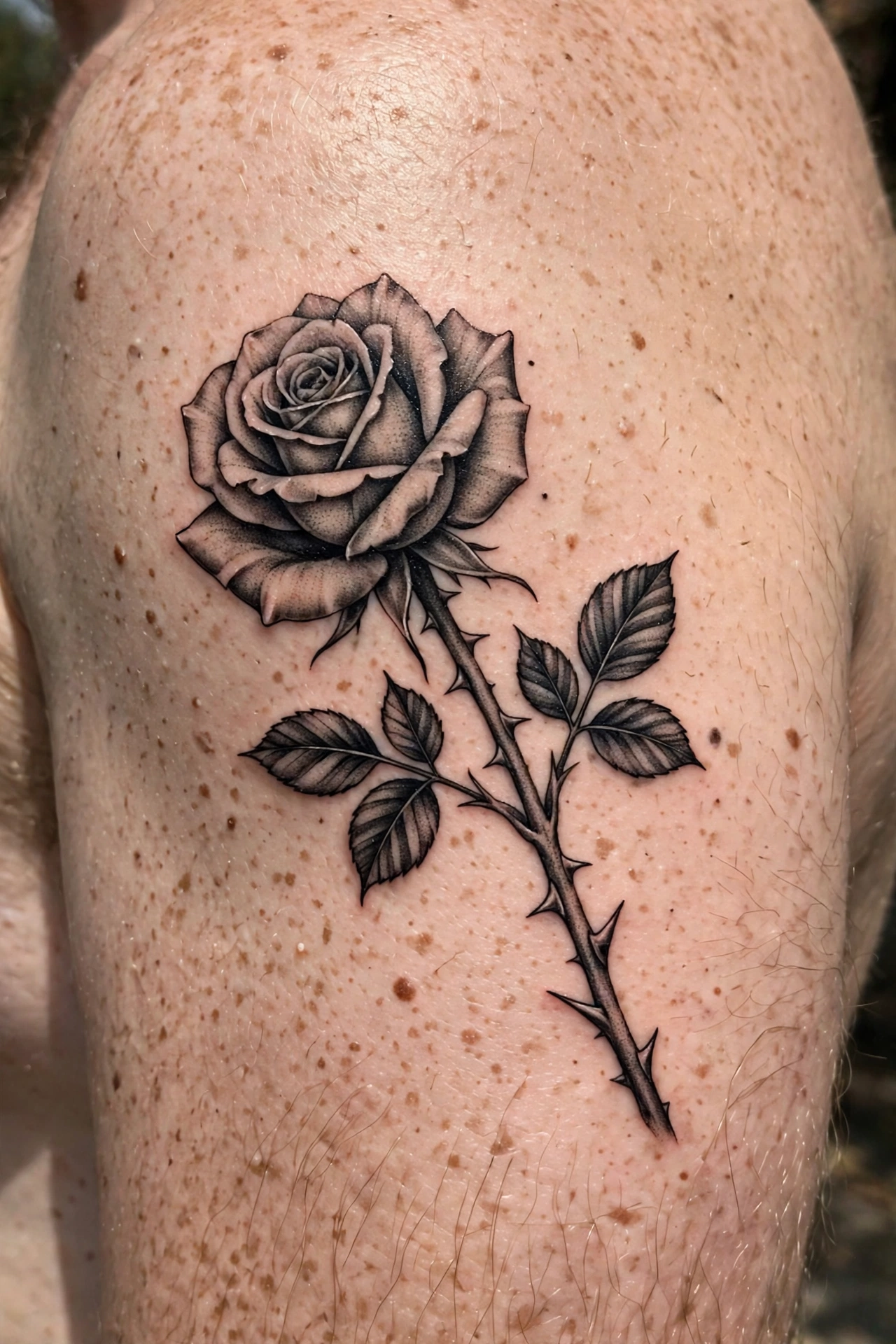 Rose tattoo with sharp thorns on the stem
