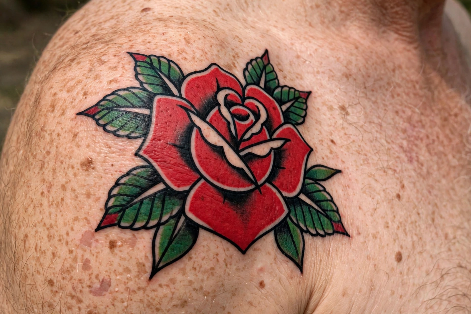 Bold traditional red rose tattoo with green leaves