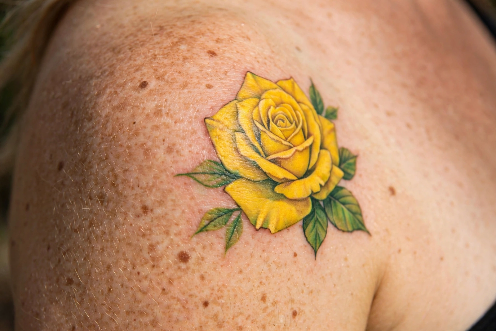 Bright yellow rose tattoo on a shoulder