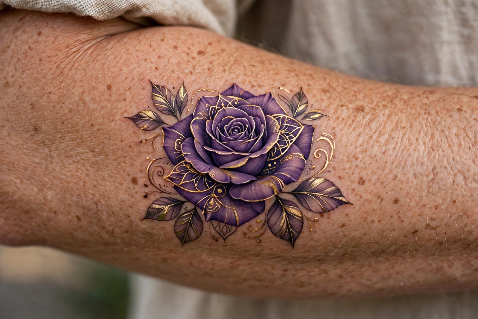 Purple rose tattoo with gold accents