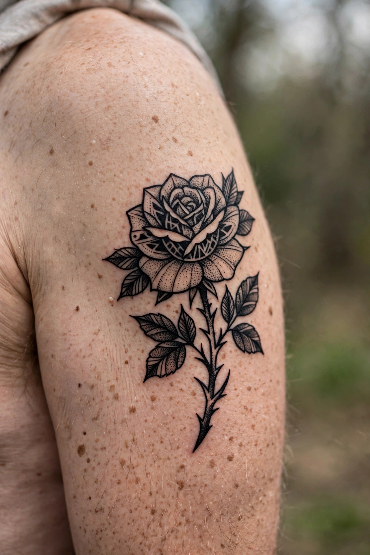 Blackwork rose tattoo on an upper arm