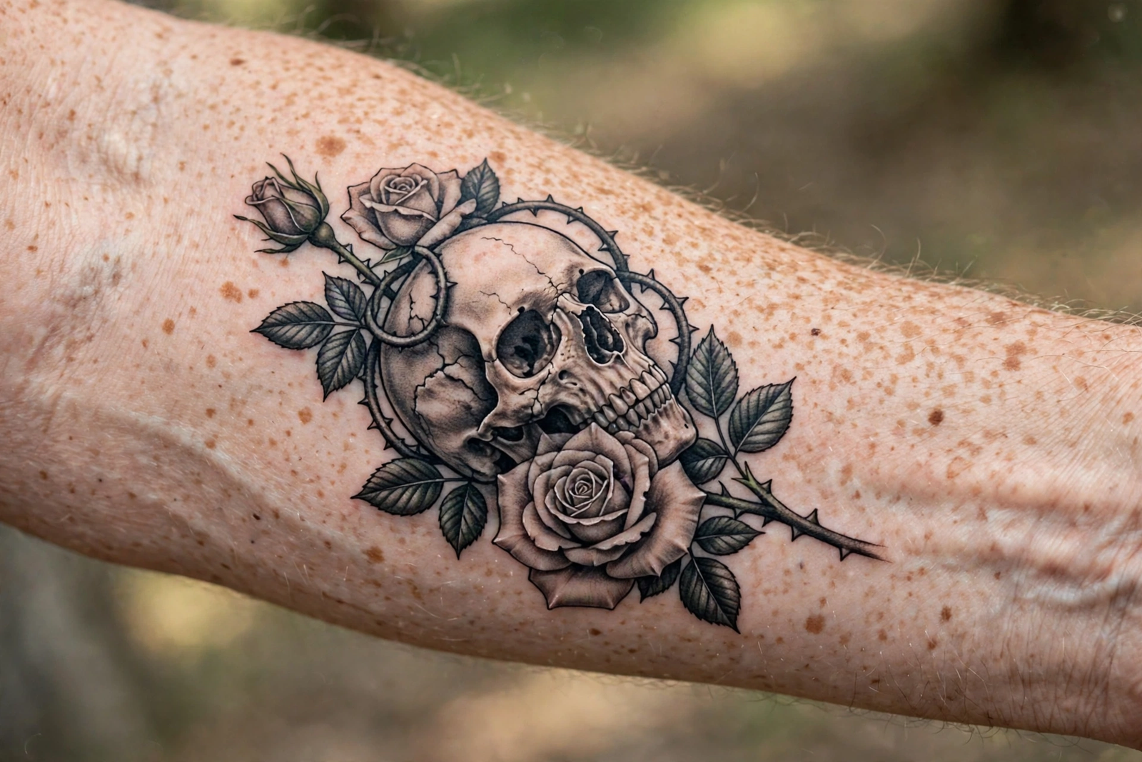 Rose and skull tattoo design on a forearm