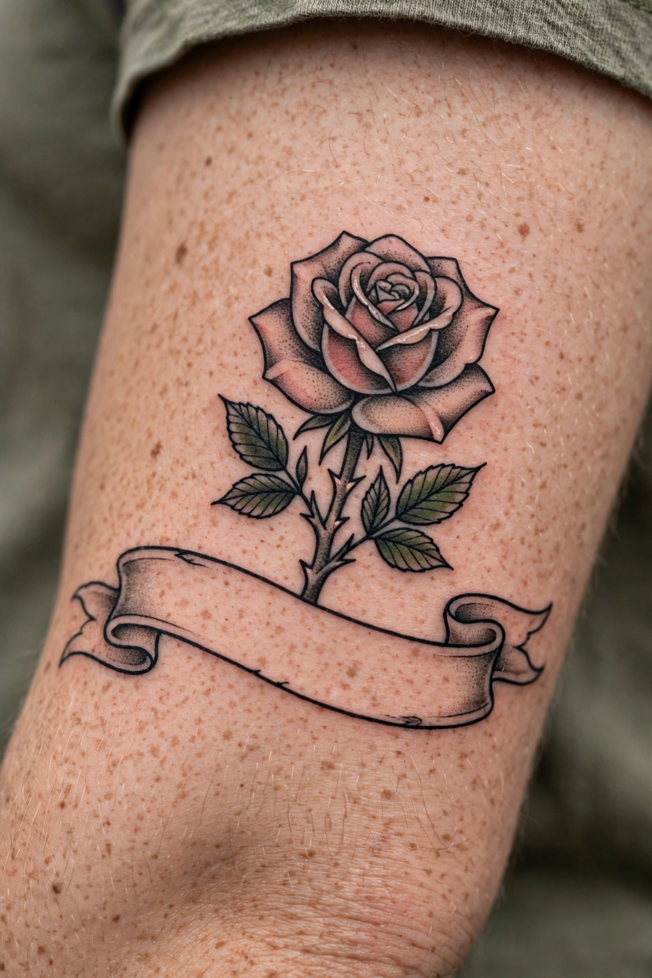 Rose tattoo with script name banner