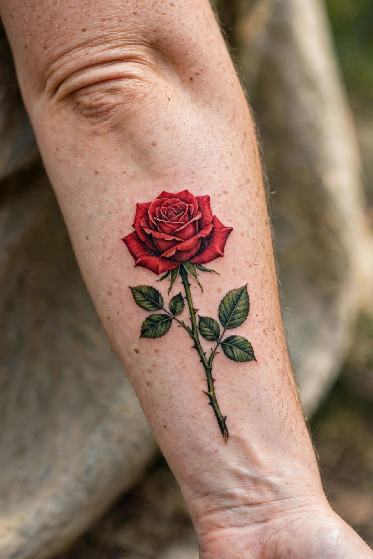 Rose tattoo on an inner forearm