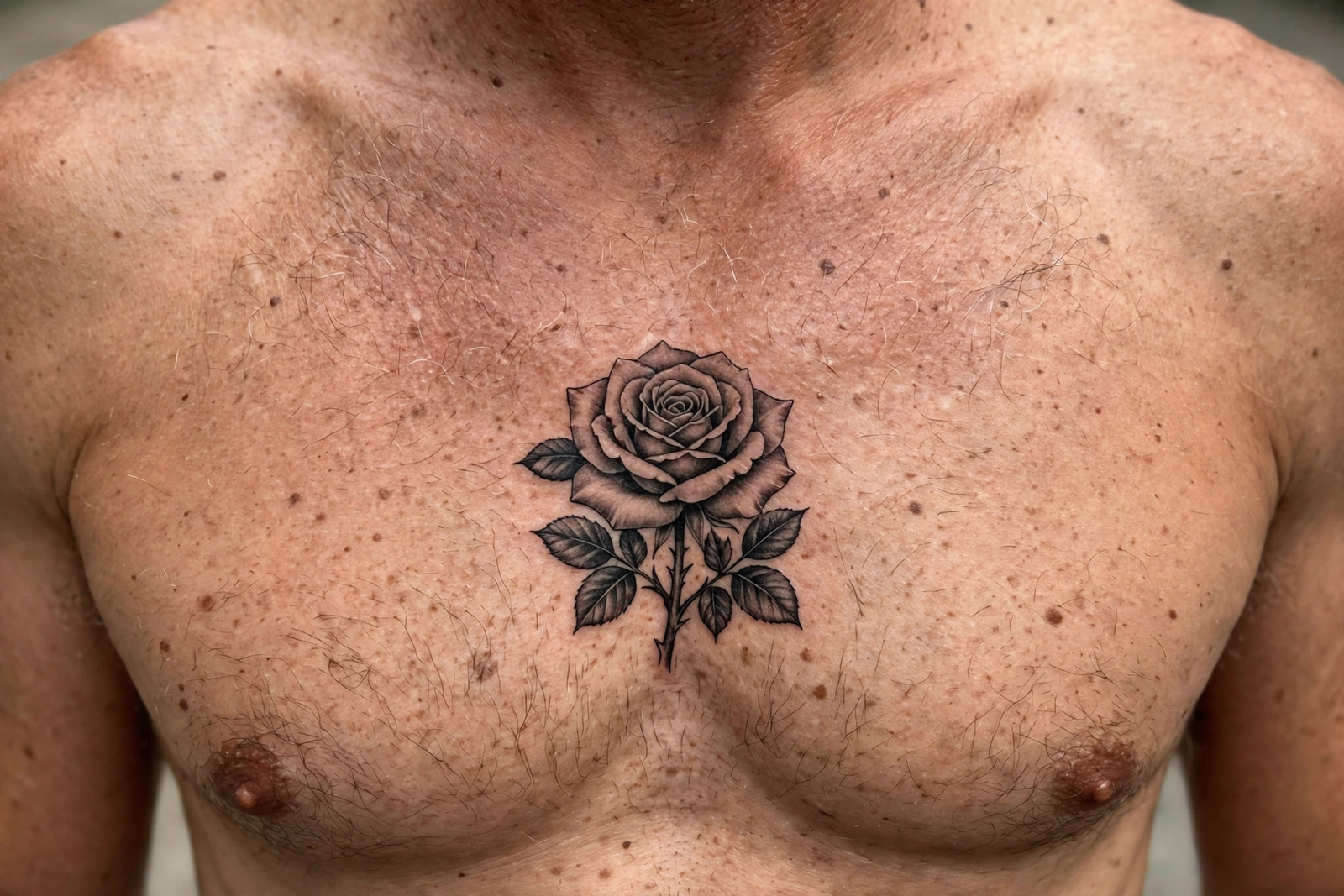 Rose tattoo centered on the chest