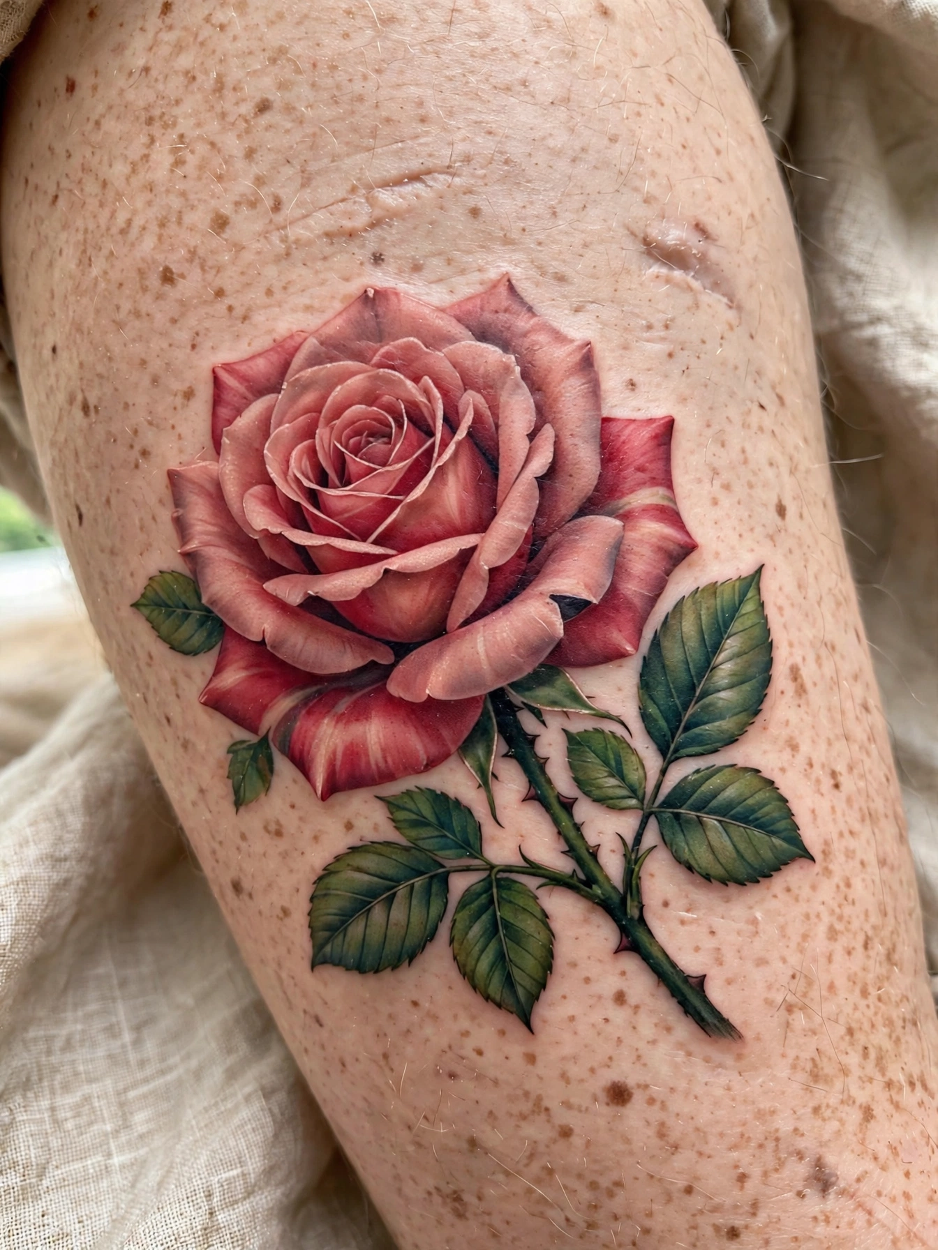 Large detailed rose tattoo on a thigh