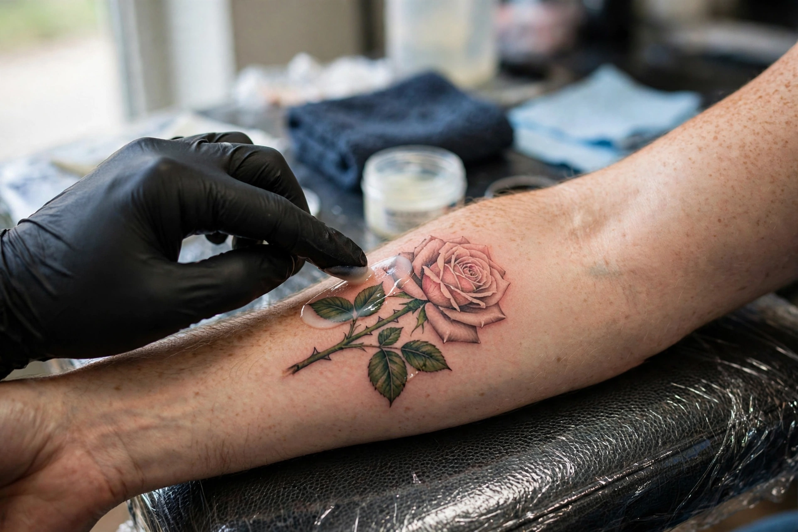 Fresh rose tattoo being cared for after a session