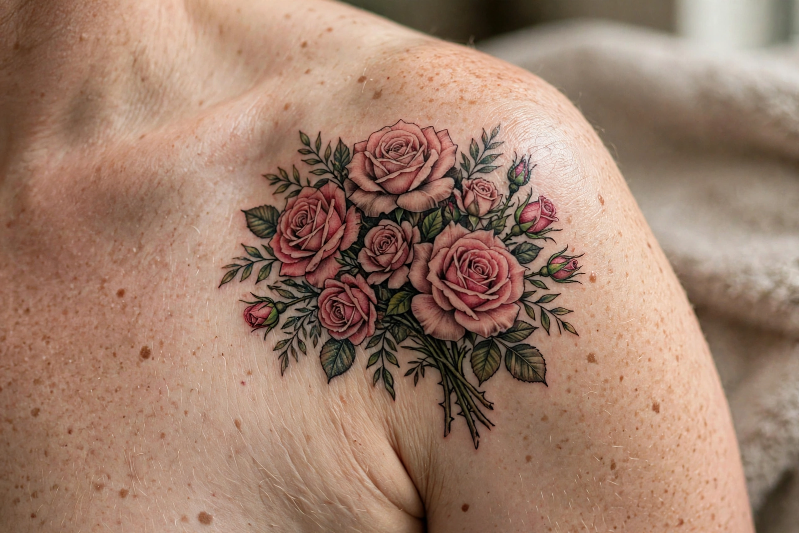 Bouquet of roses tattoo on a shoulder