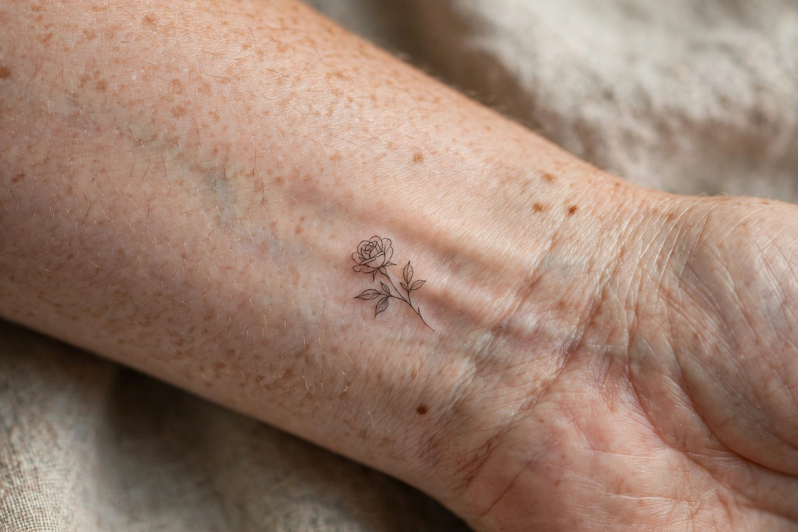 Small fine-line rose tattoo on a wrist