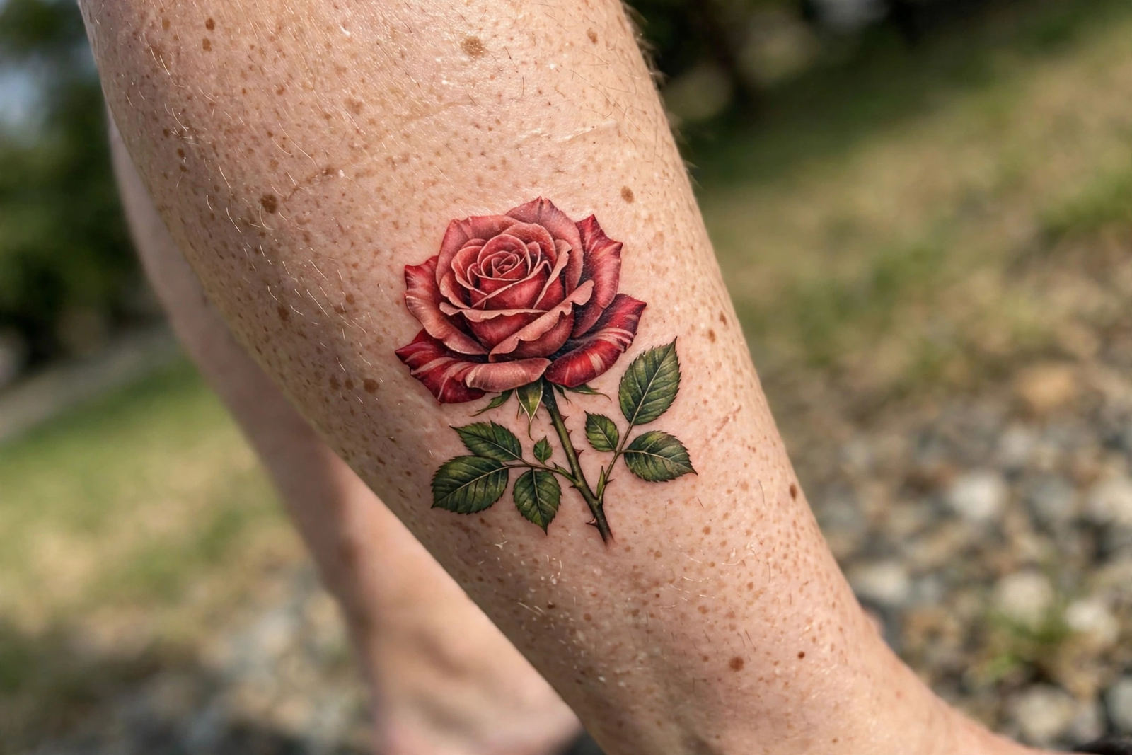 Realism rose tattoo on a calf