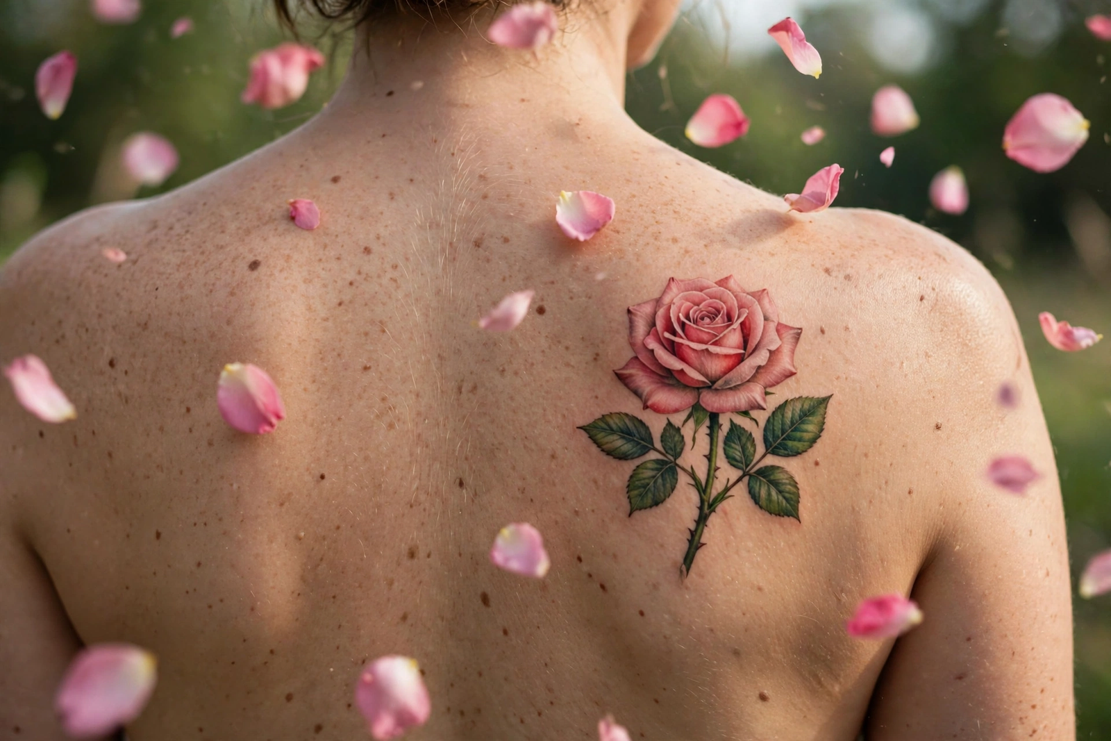 Rose tattoo with falling petals on a back