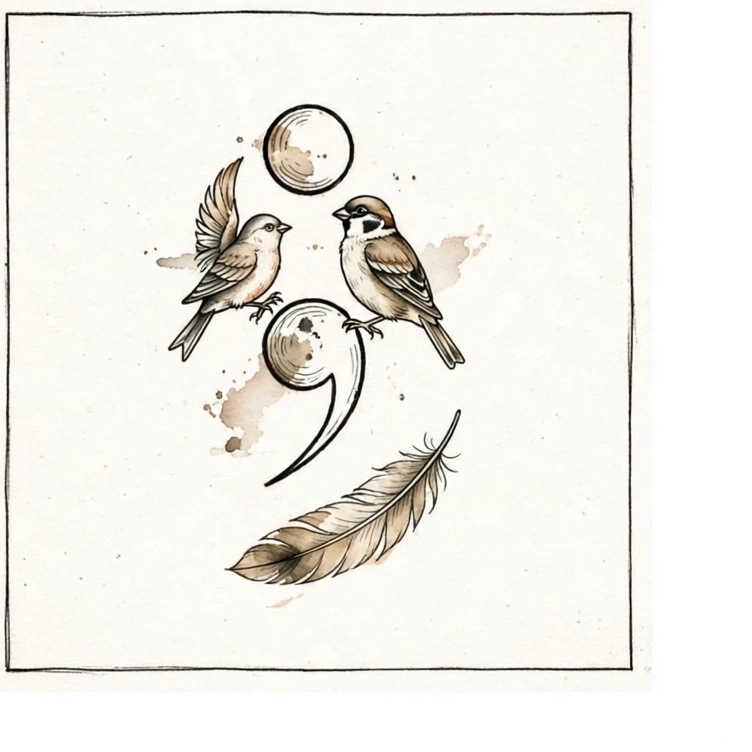 Semicolon tattoo design with a small bird and feather