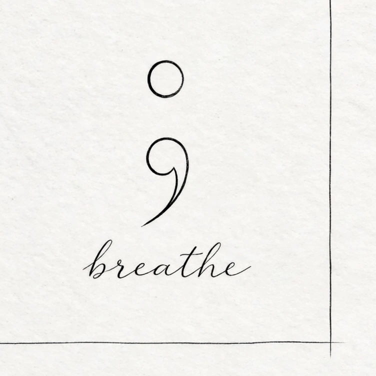 Semicolon tattoo design with the word breathe in handwritten script