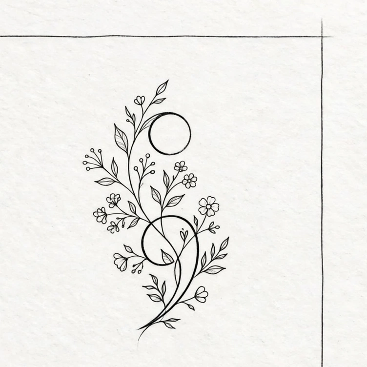 Semicolon tattoo design with flowers and leaves growing from it