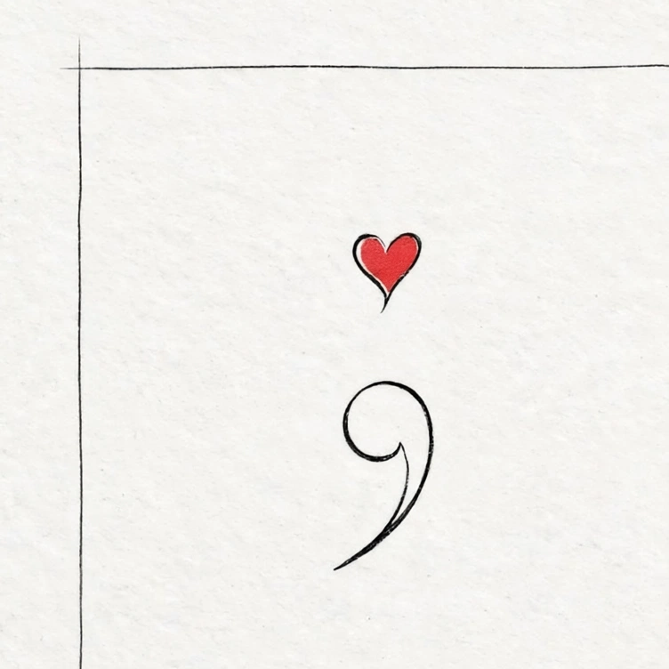 Semicolon tattoo design with a red heart as the dot