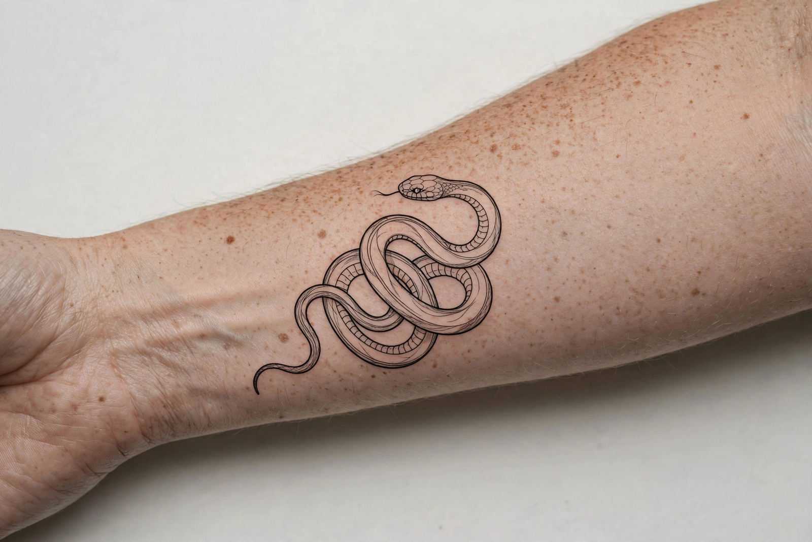 Elegant coiled snake tattoo on a forearm