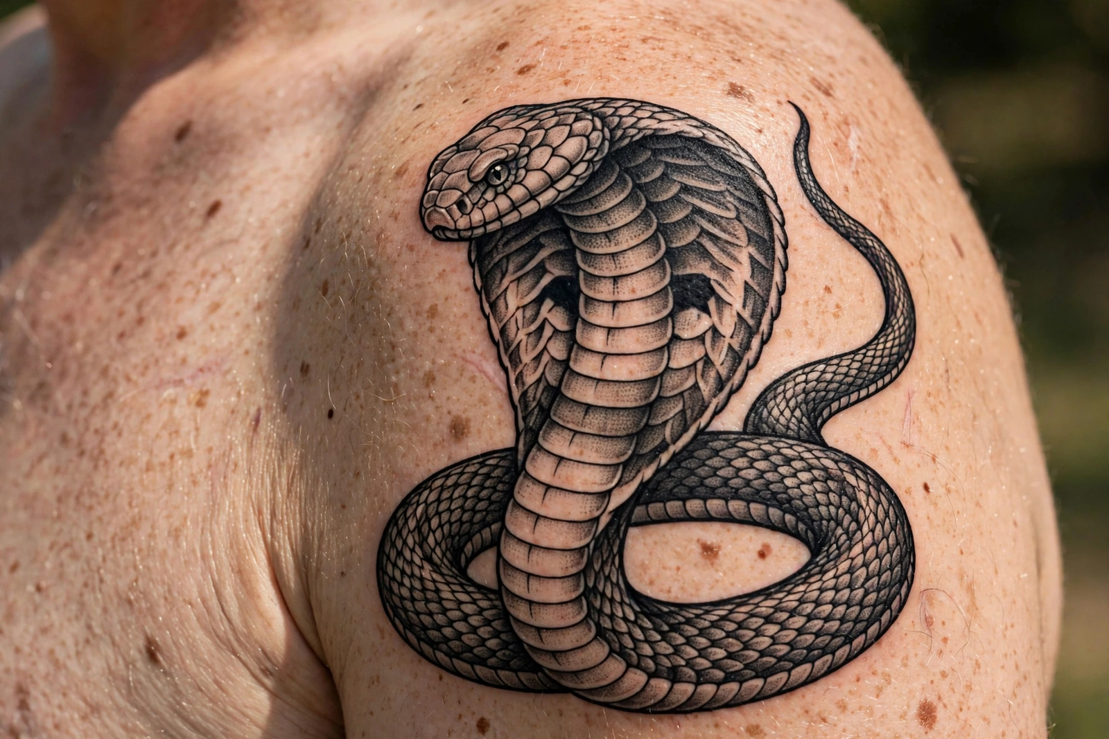 Cobra tattoo with flared hood on a shoulder