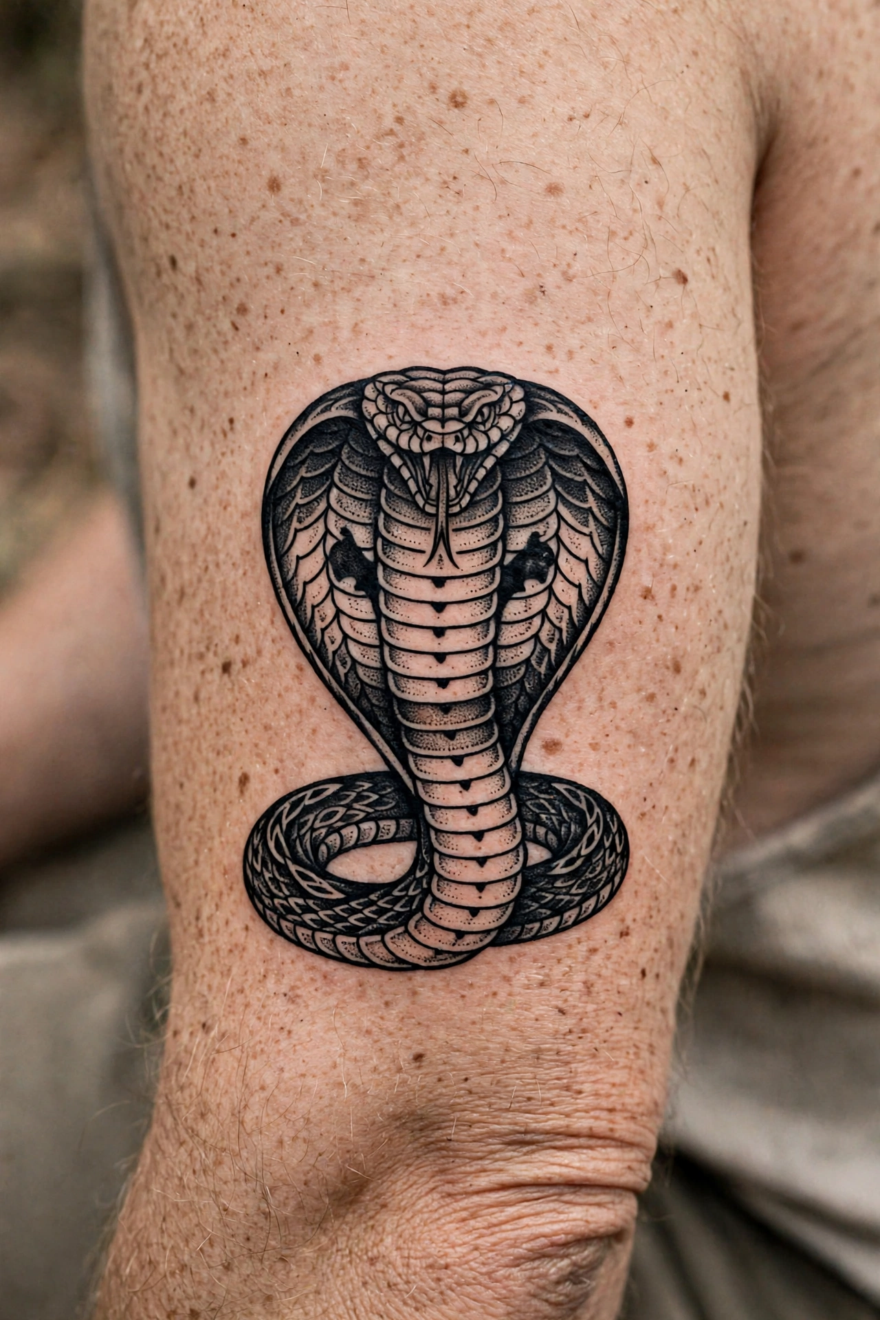 Detailed cobra tattoo with spread hood on upper arm