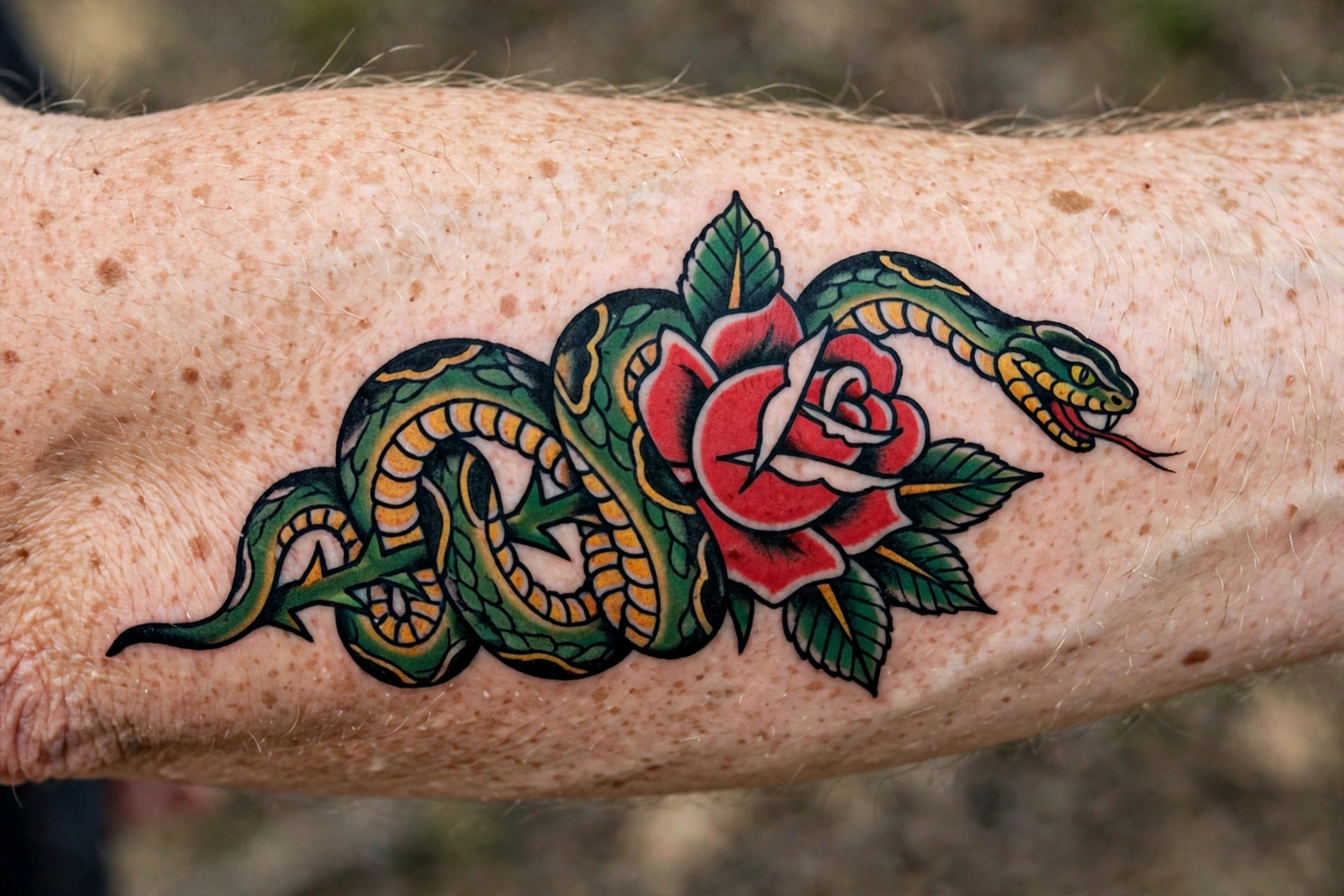 Snake wrapped around a red rose tattoo