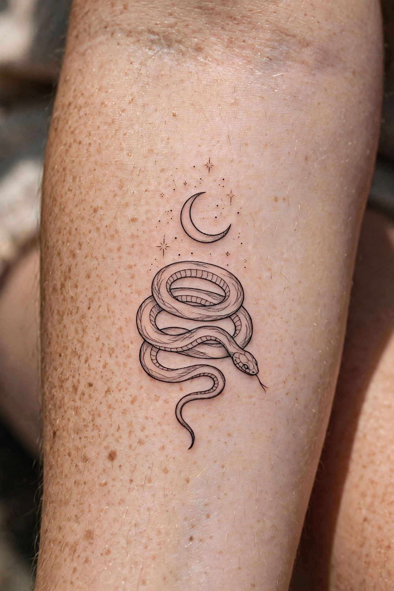 Snake coiled beneath a crescent moon and stars