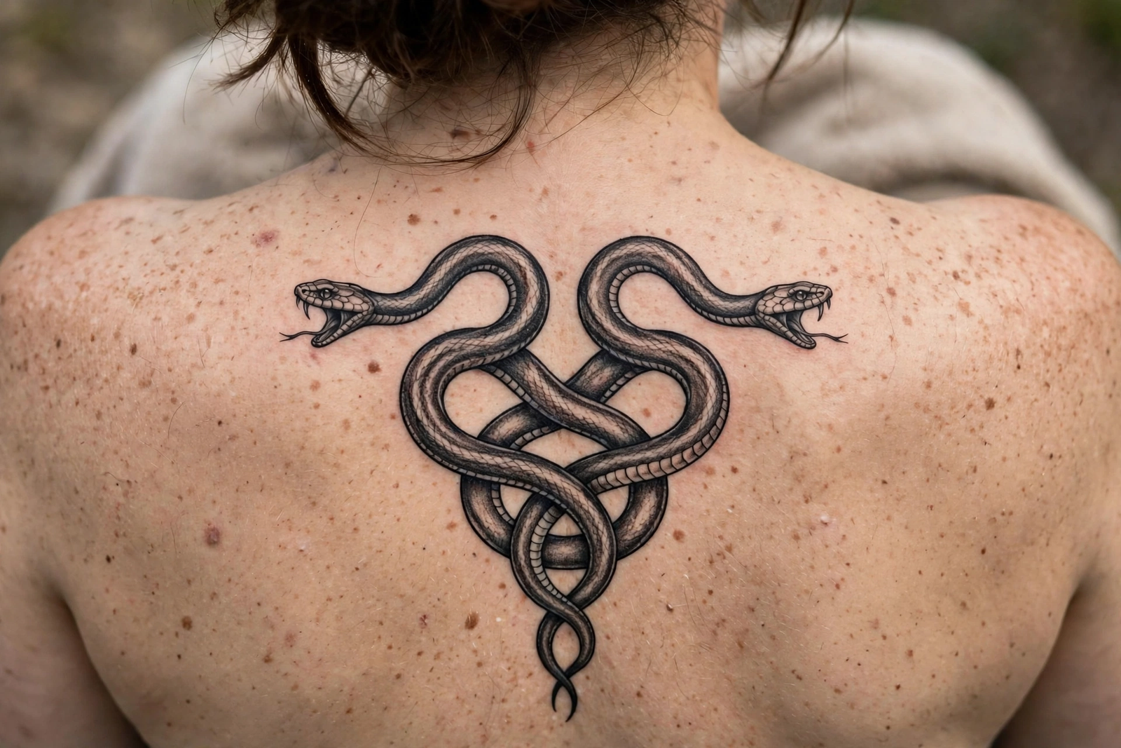 Two intertwined snakes tattoo on a back
